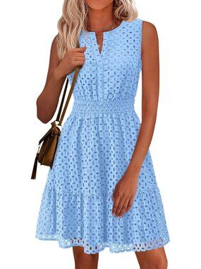 Women's Light Blue Summer Sleeveless V Neck Eyelet Hollow Out Swing Sun Dress